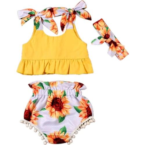 Summer Newborn Baby Girl Sunflower Vest Top+Tassel Shorts 3PCS Outfit Clothes 3-24M