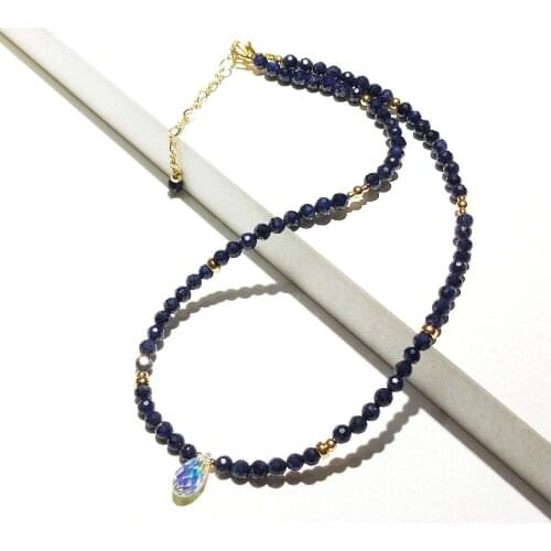 Lii Ji Blue Sapphire Natural Stone 4mm With Austrian Crystal Drop Beads Necklace American 14K Gold Filled Necklace 38+4cm