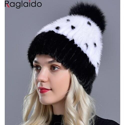 Fur hat mink knitted Winter women girls natural fur warm hats fox fur pompom headgear stylish fashionable female kawaii fur cap