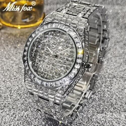 Hip Hop MISSFOX Mens Iced Out Watches Silver Baguette Diamond Quartz Wristwatch Stainless Steel AAA Jewelry Clocks Dropshipping