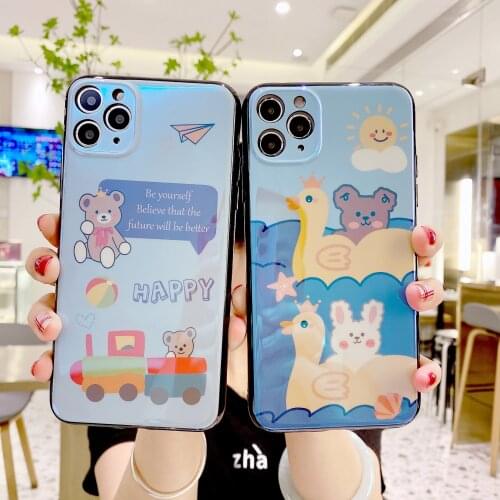 Blue Ray Cartoon Bear Rabbit Soft Silicone Phone Case With Bracket Rope For Huawei P10 Lite P20 Lite P30 Pro P40 Lite P Smart Z