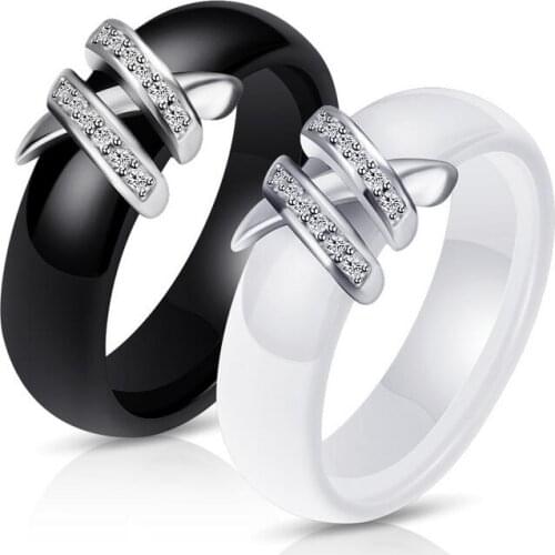 New 6mm High Quality Black White Simple Style Two Line Crystal Ziron Ceramic Rings For Women Fashion Jewelry Gift