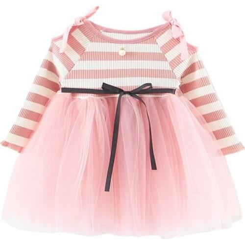 Baby Girls Dress Spring Children Kids Clothes Stripe Long Sleeve Bowknot Gauze Tutu Girl Mesh Yarn Princess Dresses