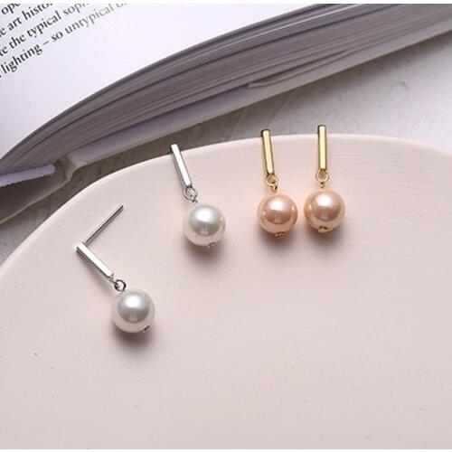 Real 100% 925 Sterling Silver Stick Drop Earrings for Women Jewelry, Cute Simulated Pearl Dangle Earings Girl Ear Accessories