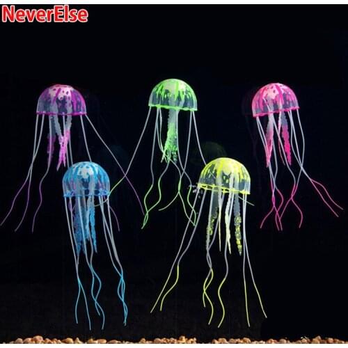 Jellyfish Ornament Decoration Aquarium Fish Tank Accessories Glow In The Dark with Line & Suction Silicone 3Sizes(Random Color)