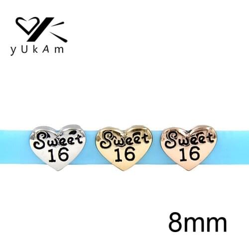 YUKAM Slider Jewelry Silver Color 8mm Small Heart Sweet 16 Slide Charms Keeper for Kids Mesh Keeper Bracelets Accessories Making