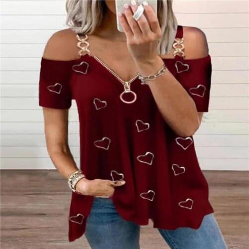 Females T-shirt The New Summer 2021 Sexy Low-cut Zipper Solid Color Simple Off-shoulder Short-sleeved T-shirt