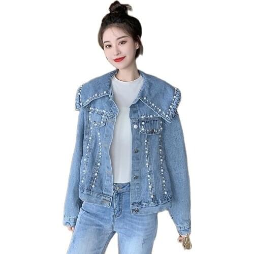 Womens Fashion Jean Jacket 2021 New Chic Pearls Loose Denim Short Jacket Female Trendy Streetwear Luxury Autumn Denim Jacket