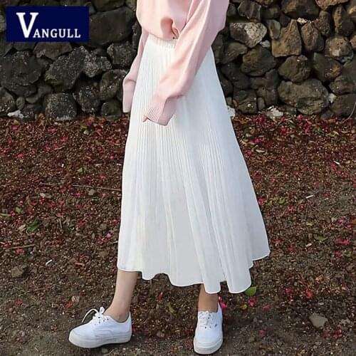 Vangull High Waist Pleated Chiffon Skirt Women Summer New Elastic Waist Loose Skirt Ins Style Female Party Mid- calf Skirts