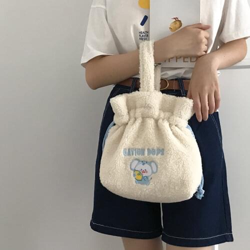 Winter Women Plush Clutch Purse Handbags Cartoon Embroidery Ladies Bucket Shoulder Bags Female Girls Drawstring Storage Tote Bag