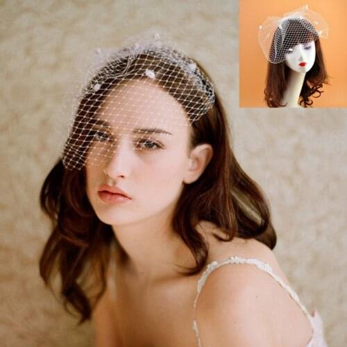Womens Vinrage Elegant Wedding Fascinator Fishnet Mesh Veil Large Hole Small Plush Wave Point Solid Color Hair Clip Corsage