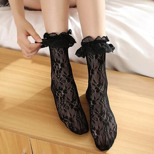 Ruffle Lace Lolita Socks Woman Summer Mesh Lace Floral Ruffle Ankle Socks Lovely Ladies Princess Frilly Sock With Lace Retro