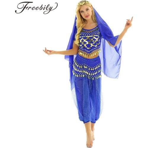 Women Belly Dance Halloween Carnival India Dance Costume Set Shiny Coin Tassel Tops + Harem Pants + Hip Scarf + Head Scarf