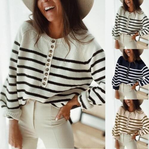 Women Sweater Horizontal Stripes Single Breasted Autumn Winter Knitted Long Sleeve Top Pullover Streetwear pullover lazy knit
