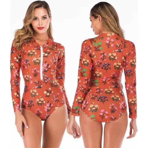 Womens One Piece Swimsuit Long Sleeve Sporty Rash Guard UV Protection Surfing Slim Swimwear Print Bathing Suit Wakeboard Beach