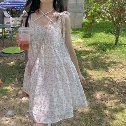 Bella New Kawaii Strap Floral Women Dresses Summer 2021 Korean Fashion Print Sweet Dress Sleeveless Lace Outdoor Casual Sundress