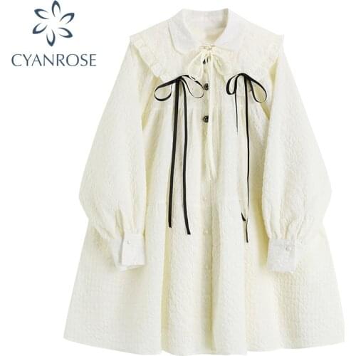 Sweet Bow Peter Pan Collar Long Sleeve Dress Women French Summer 2021 Single Breasted Korean Elegant Vintage Dresses Female