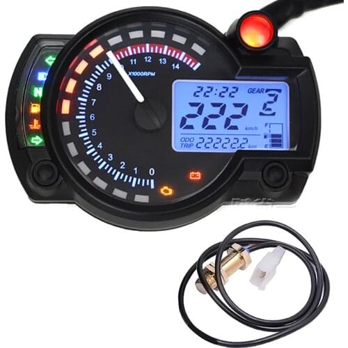 15000 RPM Meter Motorcycle Digital Speedometer Tachometer Odometer LCD Fuel Gauge DC 12V MAX 299KM/H 7 Color Adjustable