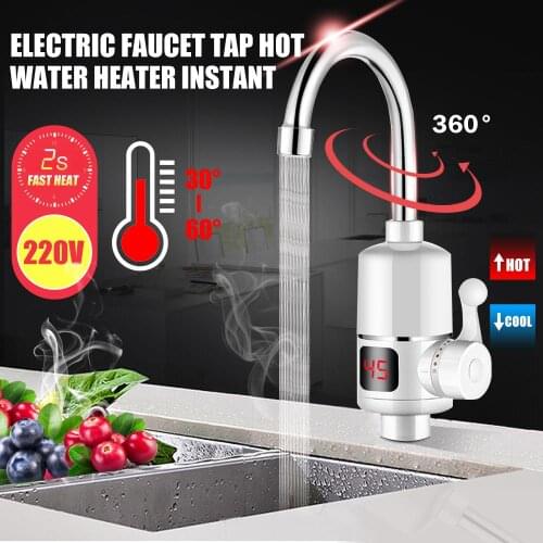 220V 3000W Electric Faucet Tap Instant Tankless Toilet Kitchen Electric Hot Water Heater Faucet w/LED Digital Display 40cm Hose