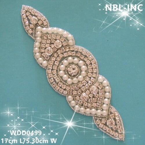 30PCS)Wholesale hand beaded sewing bridal silver rhinestone pearl applique patch iron on for wedding dresses DIY sash WDD0499