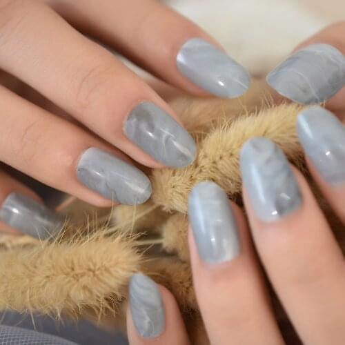 Medium Marble Press On Nail Tips Oval Head Glossy Elegant Full Fake Nails Grey for Finger Wearable Nail Salon