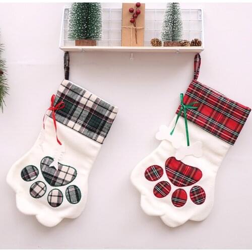 50pcs/lot free shipping Monogrammed Dog paw and Cat paw design pets plaid Christmas stocking new style gift bag candy bags