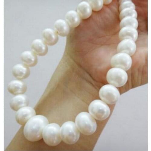 Free shipping HOT SELL 12-14 MM NATURAL Freshwater WHITE PEARL NECKLACE 14K GOLD CLASP