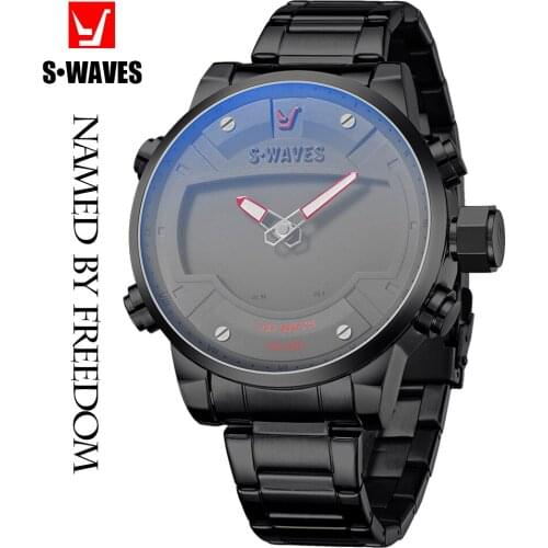 SWAVES Fashion Men Watches Sports Stainless Steel Alarm Clock Relojes Para Hombre Waterproof Dual Display Mens Wrist Watches