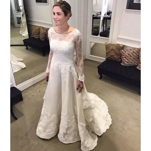 Elegant Lace Long Sleeves Wedding Dresses Sheer Neck Sweep Train A Line Appliques Bridal Gowns Custom Made