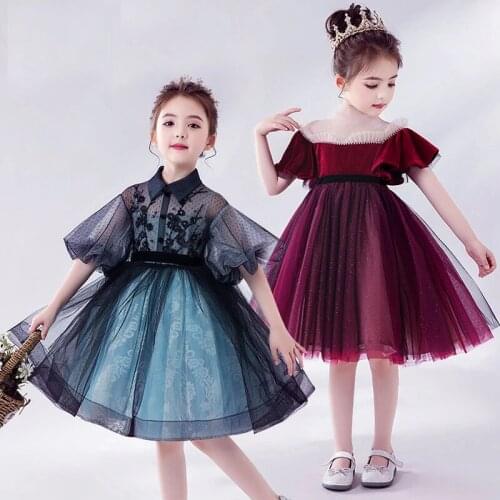 Kids Evening Dresses Elegant Bow Appliques Girls Princess Dress for Party O-Neck Half Sleeve Short Flower Girl Dresses
