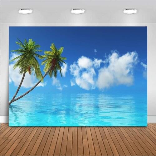 Newborn Beach Backdrop Blue Sky and Sea Background for Photo Booth Studio Sandy Beach Party Decoration Supplies Palm Tree Props