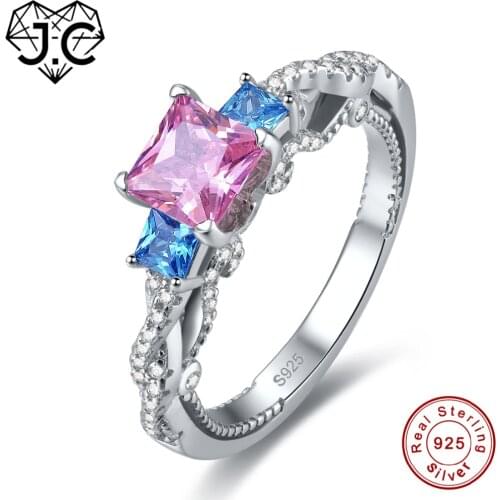 J.C Brand New Princess Cut Pink & Blue & White Topaz Solid 925 Sterling Silver Ring Size 6 7 8 9 Beauty Female Fine Jewelry Gift