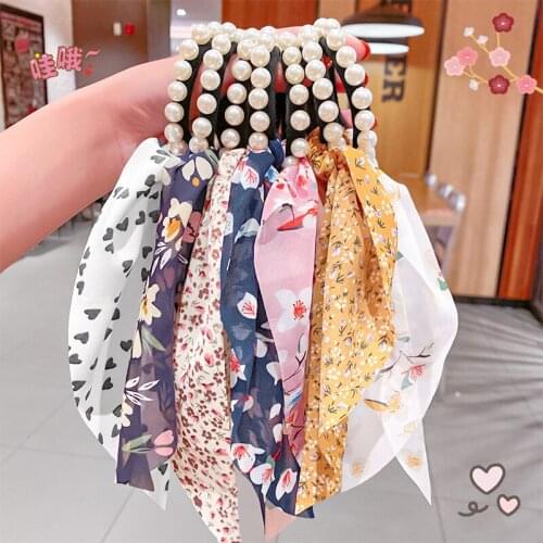 Korean version of pearl hair ring knotted ribbon hair rope horsetail tied hair silk scarf floral French head rope hair accessory