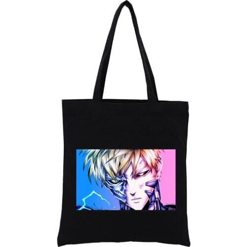 One Punch Man Saitama Anime Reusable Shopping Bag Women Canvas Tote Bags Printing Eco Bag Cartoon Shopper Shoulder Bags Black