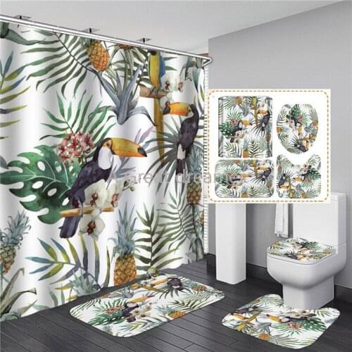 Fashion Green Leaves Flower Printed Shower Curtain Set Green Toilet Non-slip Mat Bathroom Lid Carpet Home Decor Accept wholesale