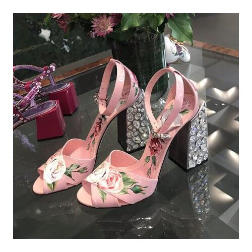 Fashion Cross Belt Flower Gladiator Sandals Women Sexy Ankle Strap Diamond Chunky Heel Wedding Shoes Woman Dress Sandals