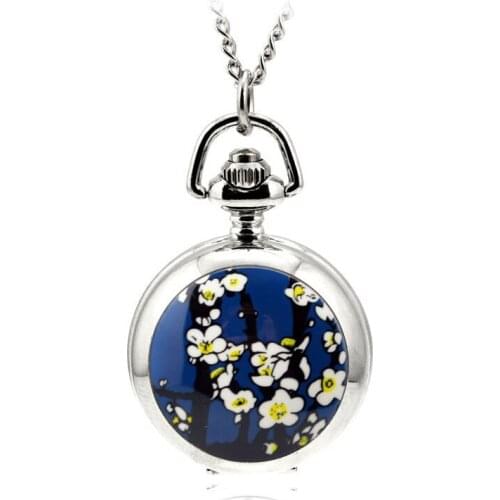 Fashion Modern Silver Quartz Pocket & Fob Watches Necklace Pendant Relogio De Bolso Enamel Women Watch Peach Blossom Lady Gift