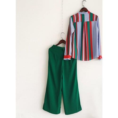 Fashion 2 Pieces Runway 2021 Office Ladeis Red Green Striped Print Blouse +Full-Lenght Pants Elegant Sets