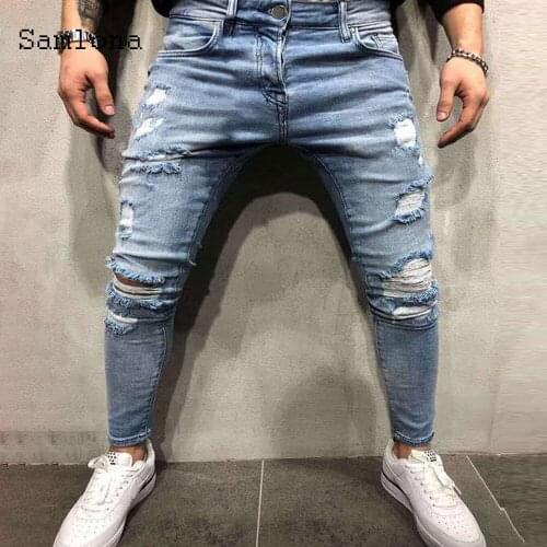Samlona Mens Sexy Jeans Casual Hole Ripped Denim Pants Fashion 2020 European and American style Pantalon Hip Hop Pencil Trouser
