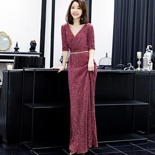 New Arrival Evening Dress V-neck Long Party Elegant Vestido De Festa Half-Sleeves Prom Gowns 2019