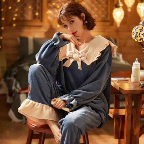 New style pajamas womens autumn coral fleece warm wool lined suit fresh and lovely flannel home wear