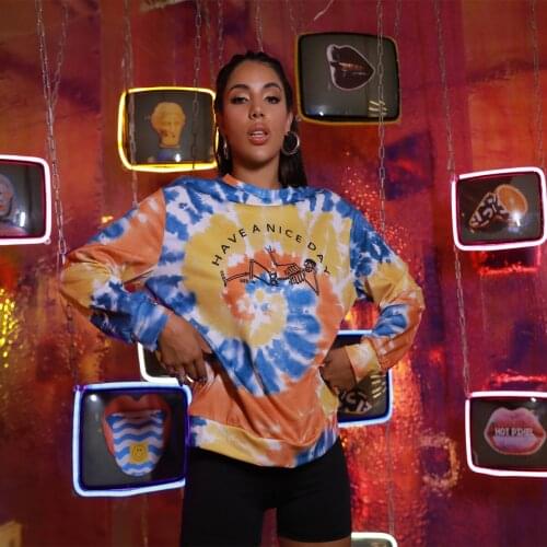 Autumn O-Neck Colorful Women Hoodie Harajuku Style Drawstring Tie Dye Print Sweatershirt Long Sleeve Pullover Long Sweatshirt