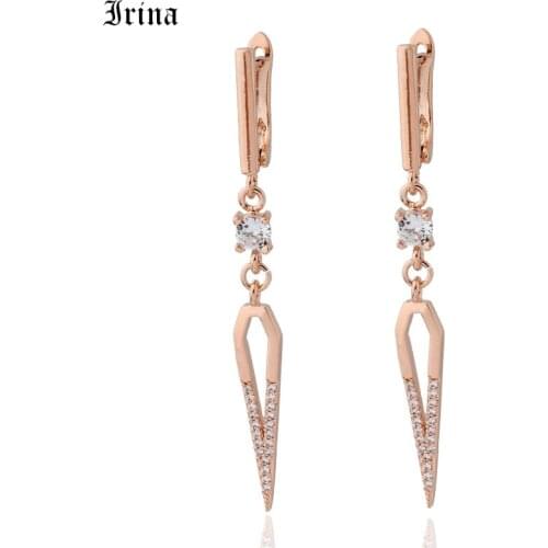 Popular Korean Jewelry Samples Fashionable Long 585 Rose Gold Color Pointed Drop earrings with AAA Cubic zirconia Copper Earring