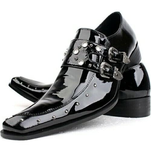 Luxury Band Black White Men Genuine Leather Buckle Rivet Pointed Toe Shoes For Wedding Office Dress Oxford Shoes Zapatos Hombre