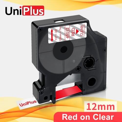 UniPlus 12mm Label Tape Red on Clear Replace Dymo Label Maker Machine 45012 High Adhesive Sticker for Dymo Labeller 300 260D 280