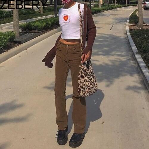 ZEBERY High Waist Corduroy Pants Y2K Womens Casual Solid Brown Pants Loose Long Trousers Streetwear Straight Pants Women