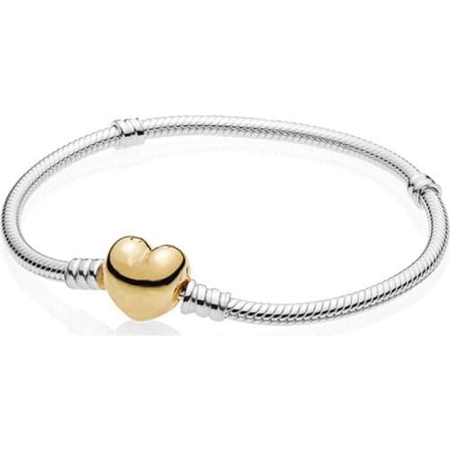 Authentic 925 Sterling Silver Charm Bead Bracelet Smooth Gold Clasp Snake Chain Pan Bracelets Women Diy Jewelry