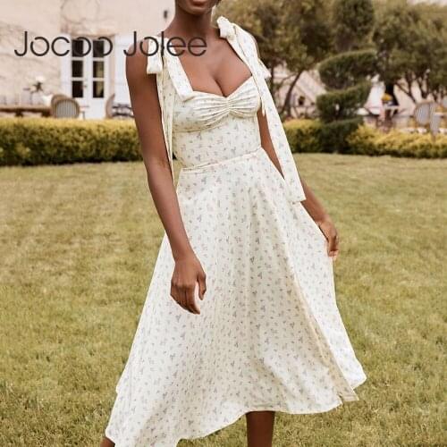 Jocoo Jolee Women Elegant Strap Lace Up Sundress Summer Boho Floral Print Split Long Dress Elegant Casual Midi Club Party Dress