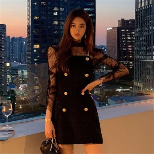 2021 Spring New Women 2 Piece Set Korean Style Turtleneck Tulle Tops + Metal Chain Sling Double-Breasted Dress Suits Female