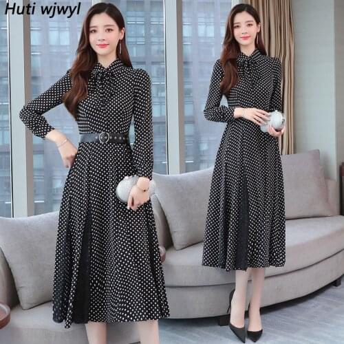 2021 Vintage Black Dot Long Sleeve Midi Dresses Autumn Winter Plus Size Lace Women Bodycon Dress Elegant Party Femal Vestidos